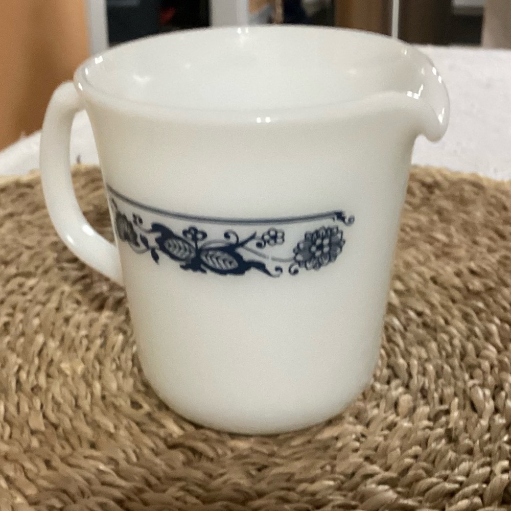 Pyrex Classic White and Blue Floral Milk Glass Creamer.